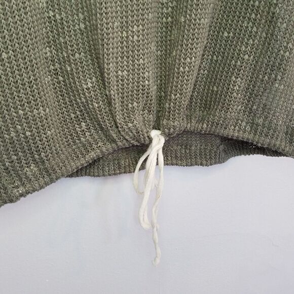SJS Open Knit Lightweight Moss Green 3/4 Sleeve Cropped Drawstring Hoodie Shirt - Picture 3 of 7